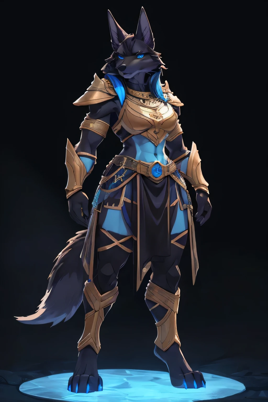 a furry drawing of a jackal woman standing on a road, facing viewer, near an oasis, ((background at night 1.2, dark background)), blue eyes, full body picture, digitigrade legs, black wolf paws, black wolf foot paws, wearing golden jackal armor with blue highlights, jackal warrior, attractive jackal girl, female anubis, ((Black Fur 1.5)), ((black hair with blue highlights 1.2)), ((Detailed eyes 1.2)), ((Detailed hands 1.5)), black muzzle, solo picture, alone, wolf tail, furry tail, jackal tail, anthropomorphic jackal ninja, furry fantasy art, anthromorphic jackal, jackal girl, female anthropomorphic wolf, anthropomorphic female jackal
