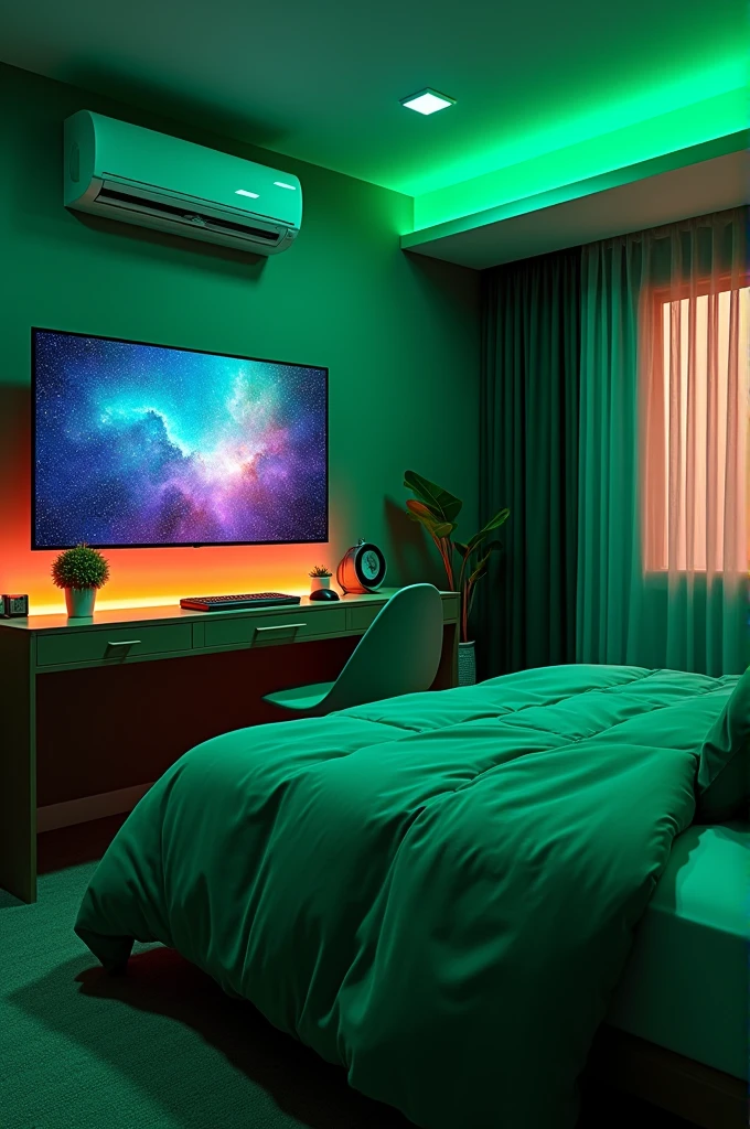 A room with green painted walls, a large bed with green sheets, a large television with many inches and a mini split and above all, a desk with LED lights that change color.