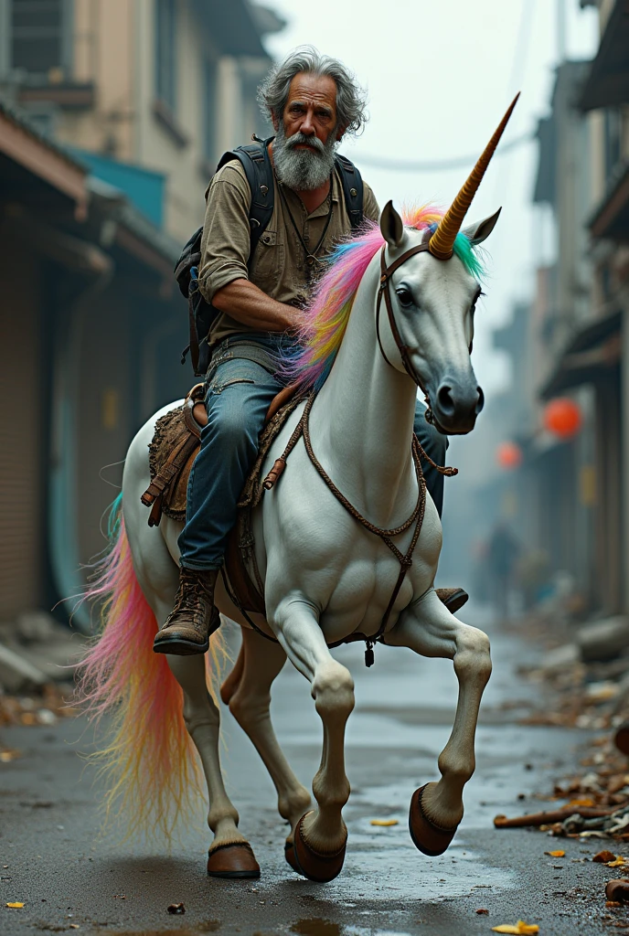Draw a very homeless tramp riding a colorful unicorn