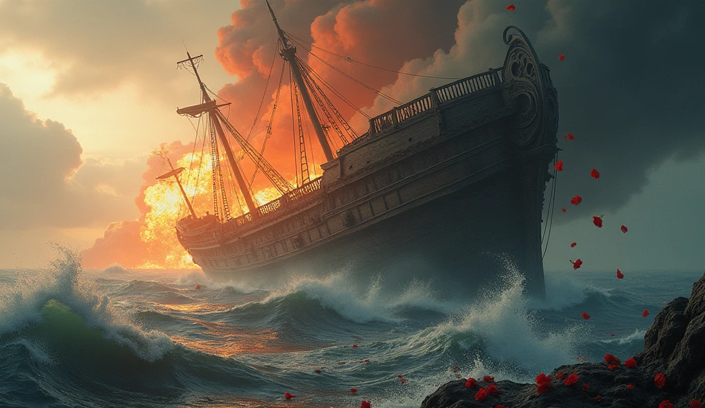2024; (masterpiece, best quality) destroyed sea; big viken ship sinking; fire everywhere; Red roses falling into the sea.