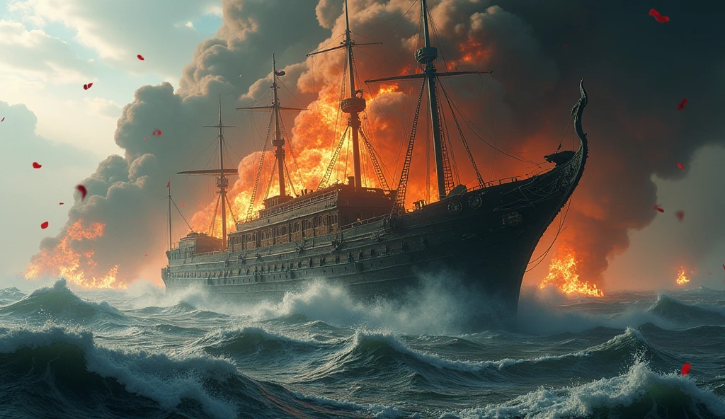 2024; (masterpiece, best quality) destroyed sea; big viken ship sinking; fire everywhere; Red roses falling into the sea.