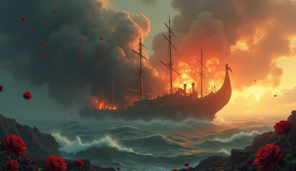 2024; (masterpiece, best quality) destroyed sea; big viken ship sinking; fire everywhere; Red roses falling into the sea.