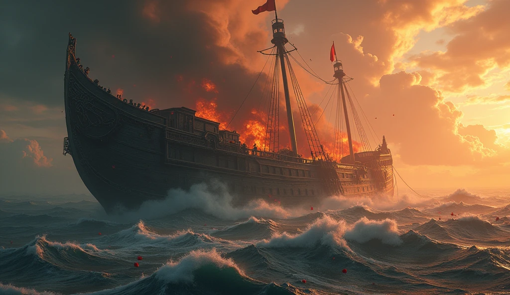 2024; (masterpiece, best quality) destroyed sea; big viken ship sinking; fire everywhere; Red roses falling into the sea.
