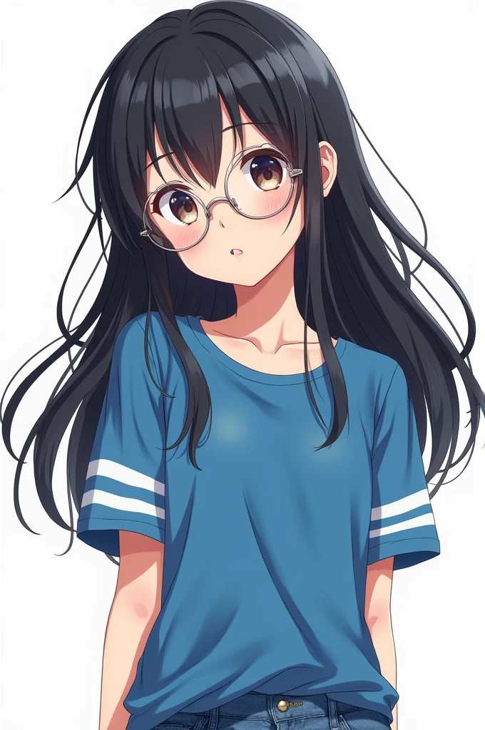 anime girl, black hair, blue shirt, blue and white striped sleeve, wear round glasses, black hair dài, jean shorts 