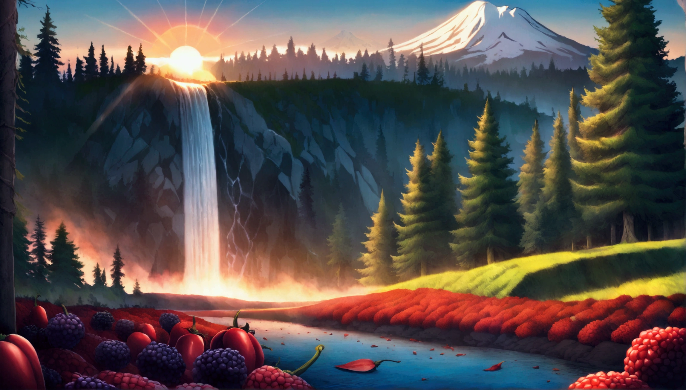 ultra wide landscape flooded with light moebius style, greenery, giant red chili pepper, giant blackberries, epic, sun, mt hood, waterfall, forest, oregon, green