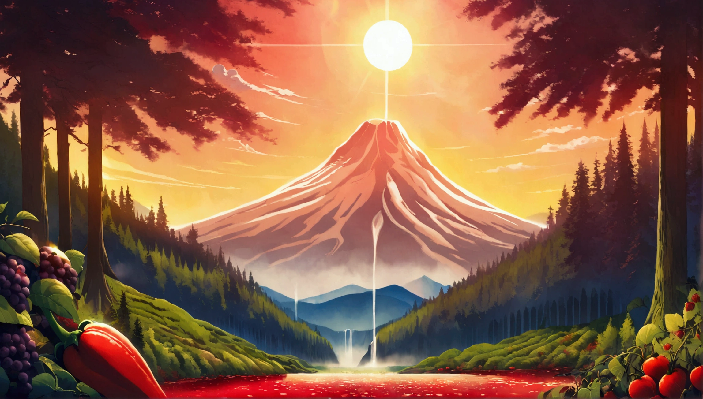 ultra wide landscape flooded with light moebius style, greenery, giant red chili pepper, giant blackberries, epic, sun, mt hood, waterfall, forest, oregon, green