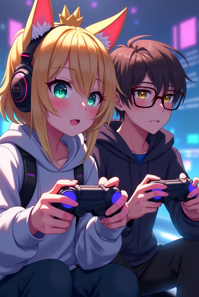 An anime gaming girl with cat ears, a crown, blonde hair and green eyes and holding a controller in her hand with RGB lighting. Next to him stands a gaming boy with brown eyes and brown hair wearing glasses and a controller