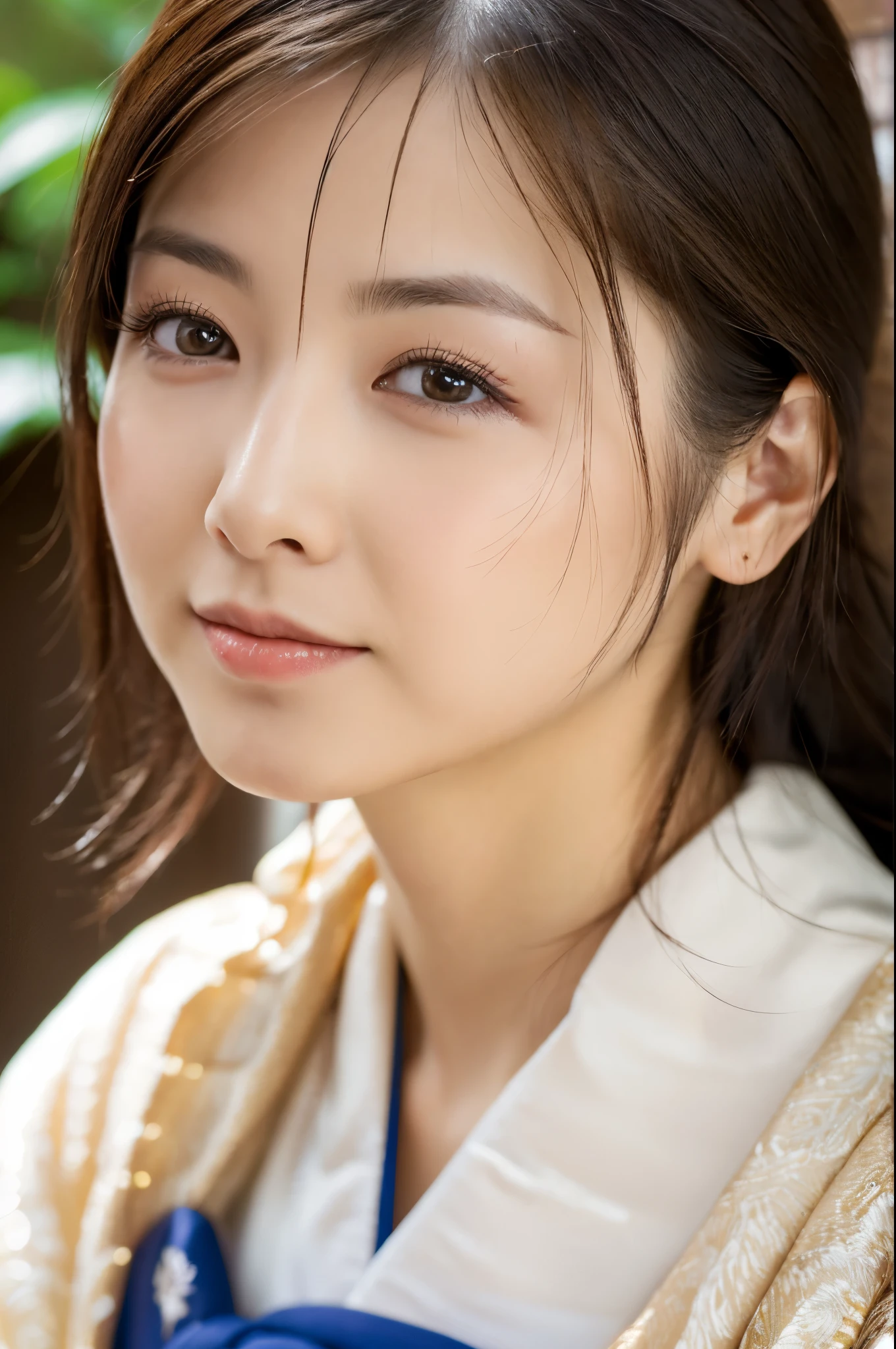 (best quality,highres,ultra-detailed),((portrait)),A beautiful Japanese lady, beautiful detailed eyes, beautiful detailed lips, extremely detailed face, long eyelashes,soft smile, flowing hair, natural lighting, wearing Japanese elegant Kimono,