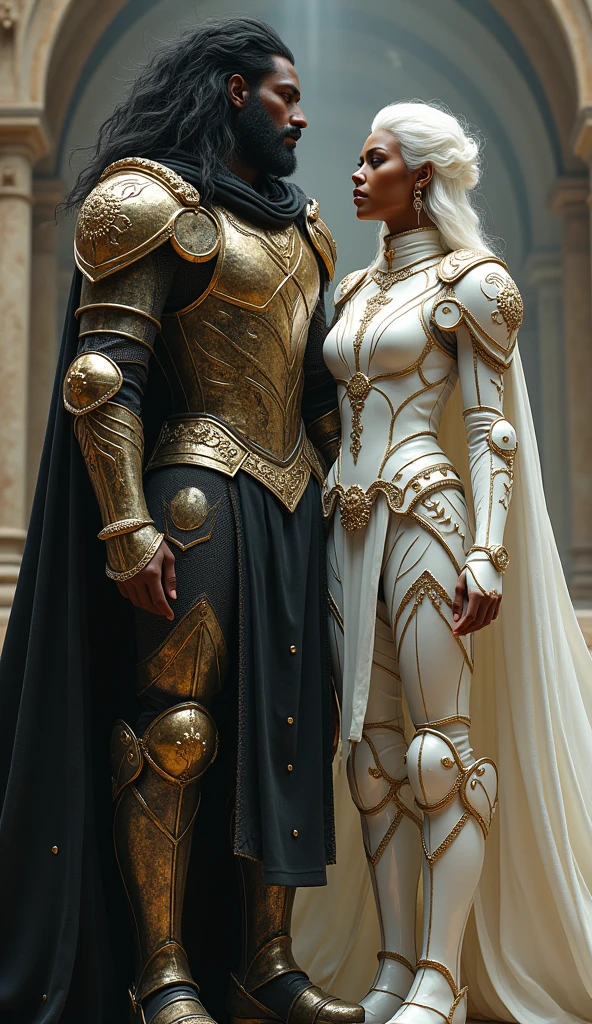 A mulatto-colored man and woman with black and gold armor and a cape related to the Knights of the Zodiac, His armor will have the combination of a lion spirit and a puma and his human companion with a white armor with the spirit of a white dog