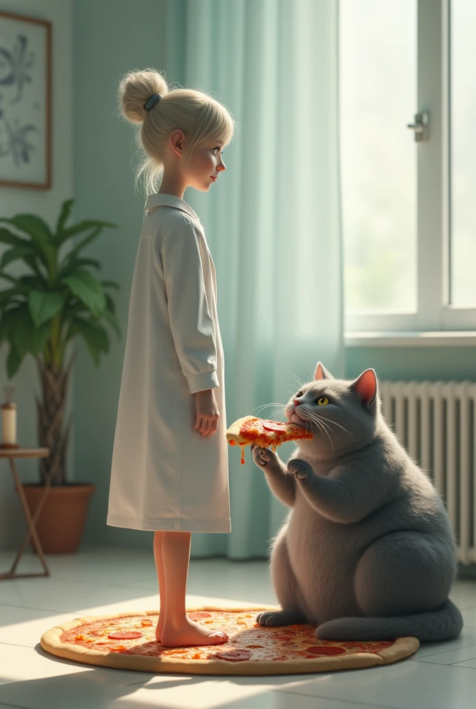 A white psychoanalyst, Youngh, thin and short woman attending the clinic with a very fat gray cat eating a pizza