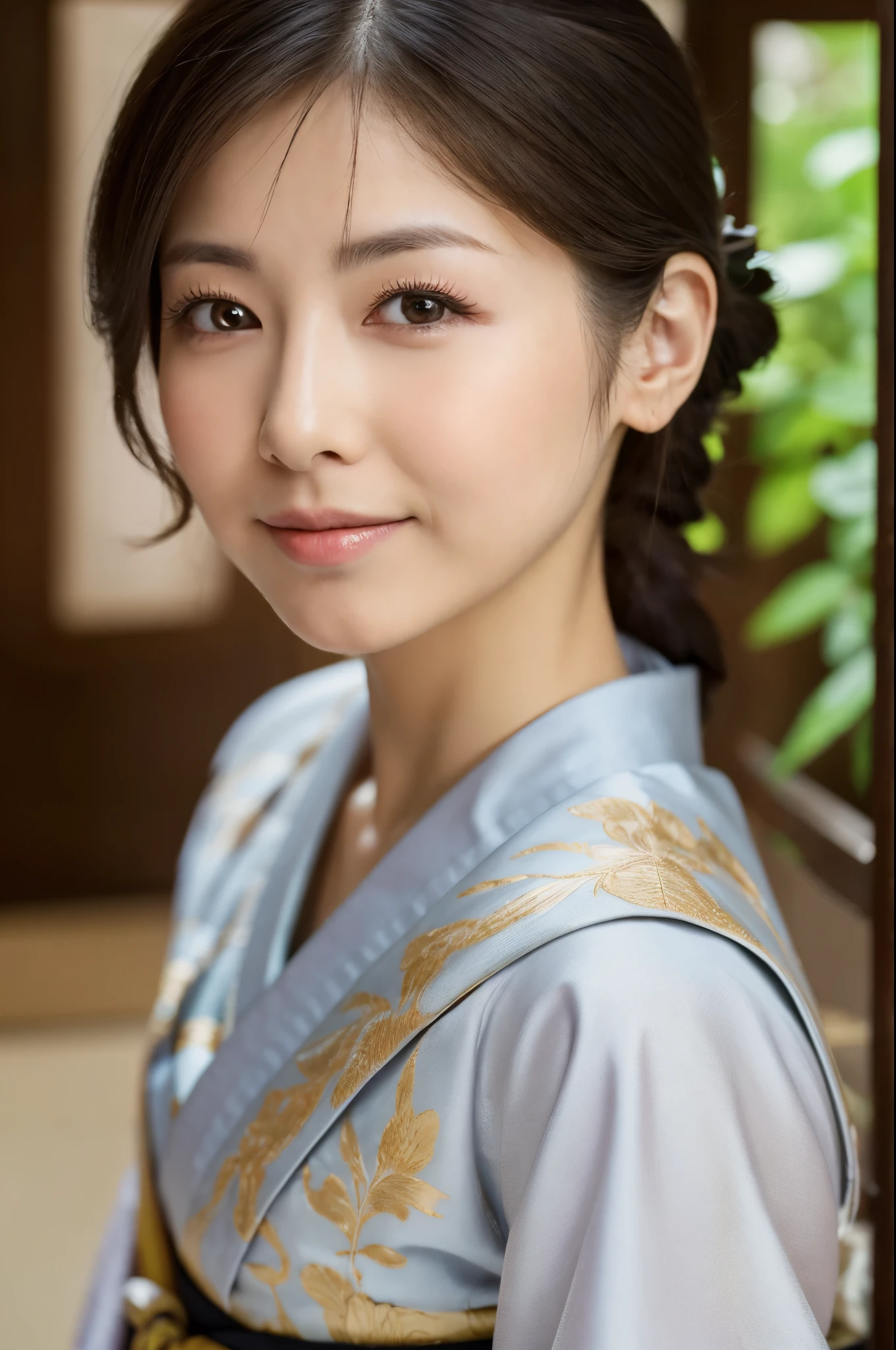 (best quality,highres,ultra-detailed),((portrait)),A beautiful Japanese lady, beautiful detailed eyes, beautiful detailed lips, extremely detailed face, long eyelashes,soft smile, flowing hair, natural lighting, wearing Japanese elegant Kimono,