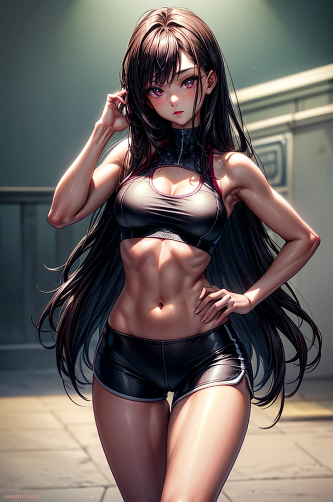 ((highest quality)),(ultra high resolution),(Super detailed), (best work of art), (1 young girl:1.5), beautiful and well-shaped face:1.5,(Beautiful skin with precise and detailed depiction:1.6),(sports bra and waist band nylon shorts ),gorgeous, masterpiece, best quality, high-resolution, finely detailed, extremely detailed and beautiful, distinct-image, hourglass figure,, 1 girl, 1 teenager, solo, sharp facial features, oval shaped face. cherry red lips,. velvet-colored eyes, C-cup breasts, tall height(175cm), slim curves, toned body type, flowing waist length ink-black dark violet hair, small narrow waist, long and slender legs, curvy wide hips, modern athletic setting, lightly tanned white skin