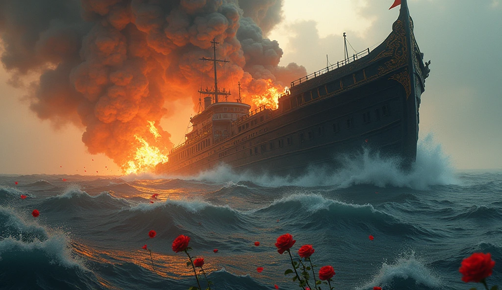 2024; (masterpiece, best quality) destroyed sea; big viken ship sinking; fire everywhere; Red roses falling into the sea.