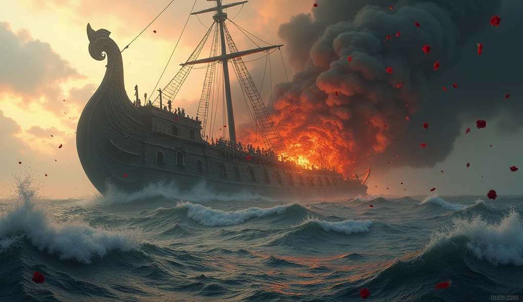 2024; (masterpiece, best quality) destroyed sea; big viken ship sinking; fire everywhere; Red roses falling into the sea.