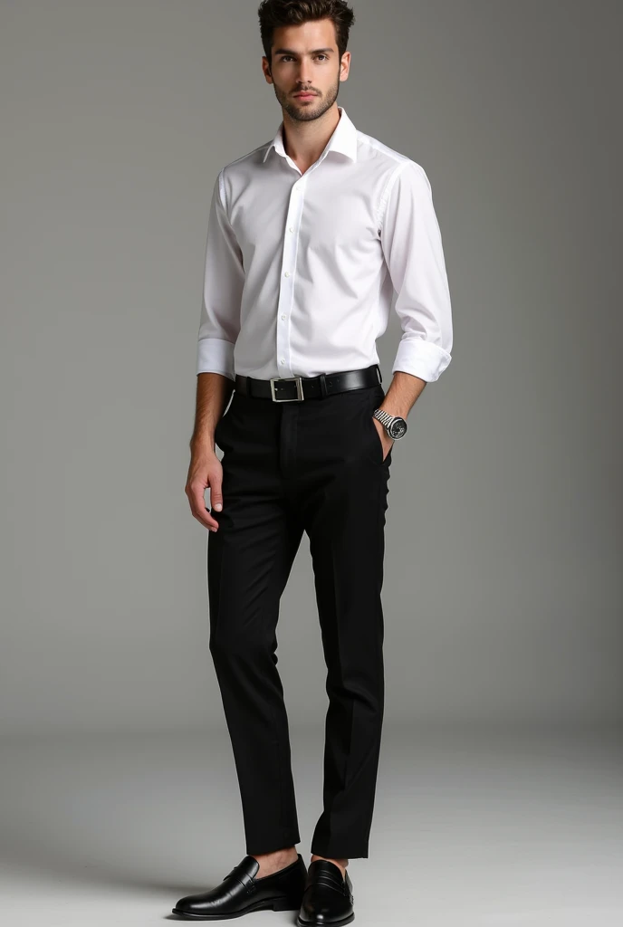 Create a prom look with a white dress shirt tucked into black tailored pants with a black loafer and belt and a silver watch
