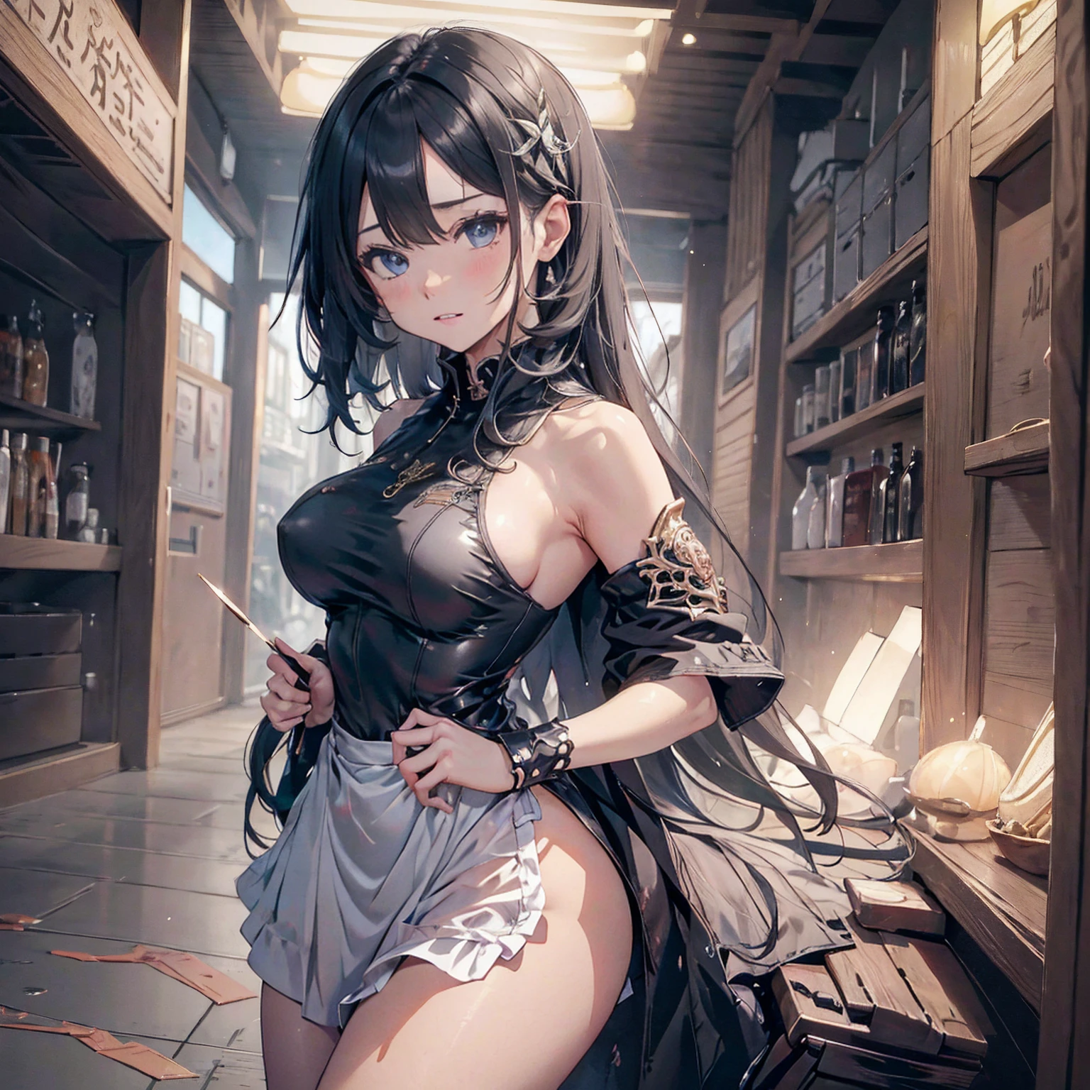 Anime Waifu beautiful detailed eyes, beautiful detailed lips, extremely detailed eyes and face, longeyelashes, 1girl, sensual, young woman, medium breasts, beautiful feminine face, nice thighs, slim, sexy, erotic, beautiful clothes, perfect body, cinematic lighting and framing, (best quality,4k,8k,highres,masterpiece:1.2),ultra-detailed,digital painting,portrait,glamorous,highly detailed,soft lighting,warm color tones Ilustrações de alta qualidade。 Angle from behind、Black bob hair、hairpin、high school girl、color々Position、Grin、Smiling and drooling、Large Breasts、Soft Breasty chest is shaking、shake、shake、、Browsing Caution、