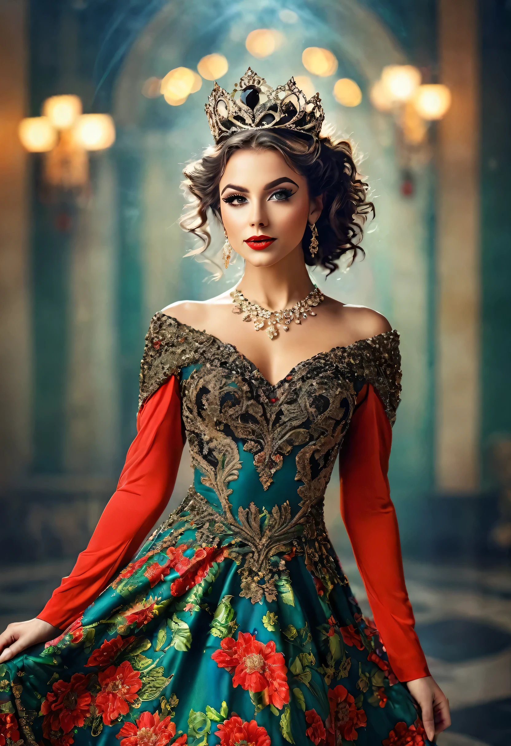 Ultra-real photo of beautiful woman, full body photo, green eyes, detailed eyelashes and eyebrows, red mouth, glow on face, long black curly hair tied on one side of head, tiara, jewelry ornament, wearing black floral dress red sexy and sloppy appearance, bright colors, intricate details of her beautiful eyes and perfect face, intricate detailed colorful fractal background of the steam room, analog photo style, bokeh, vintage, faded colors