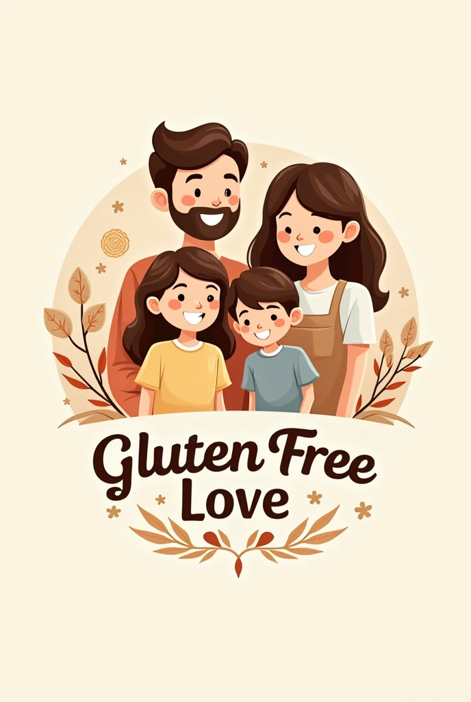 logo of a bread and cake factory, called Gluten Free Love, and in the center a family with a father, Mother, an older son and a younger daughter