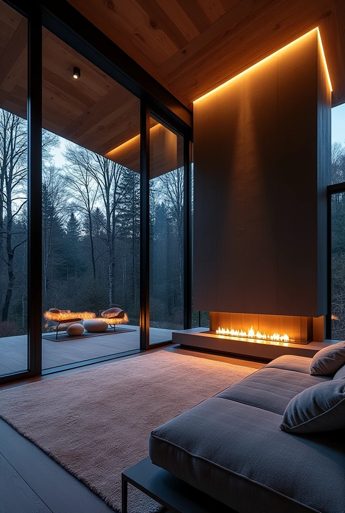 create a photo taken from the inside out of a large, modern chalet made of iron and glass in the middle of the forest at night with warm white LED lighting, large carpet in the living room, sofa with towel fabric, minimalist style with neoclassical and modern industrial triangular fireplace. dark at night outside