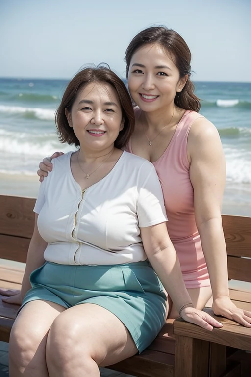 Two aunts、Organic Photography、Medium Portrait、best quality、masterpiece、Ultra-high resolution、Two beautiful old ladies、4、Elegant face,Happy and charming,Smile,Wear a sports vest,Skinny nylon shorts,Show off your plump thighs,Severe sagging breast contour,Long wavy hair,Real skin texture,at the seaside,In seawater,at the seaside,Two people