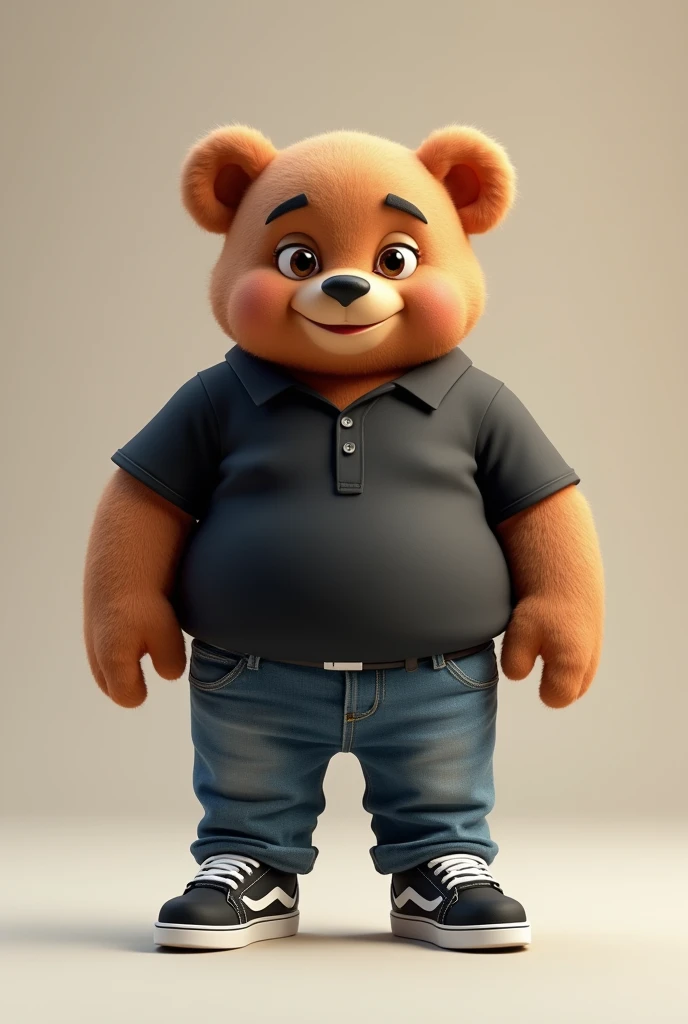 3D illustration of a chubby teddy bear dressed in a black shirt and jeans, black sneakers with white details, nerdy, middle-aged, with a friendly face, in 4K.