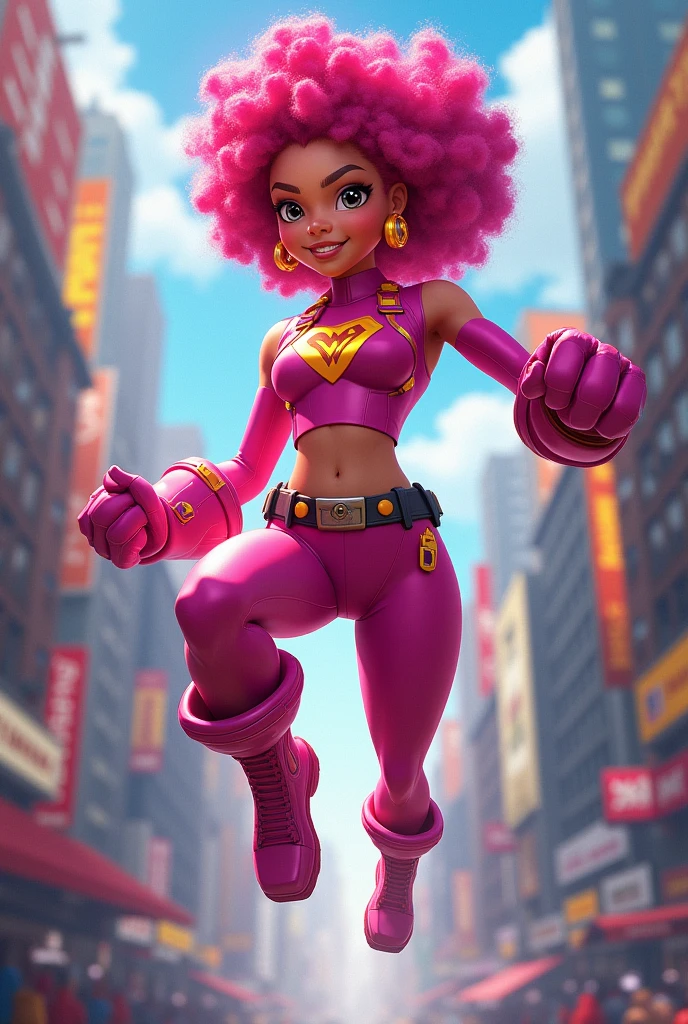Super Gabi has a pink outfit and curly hair