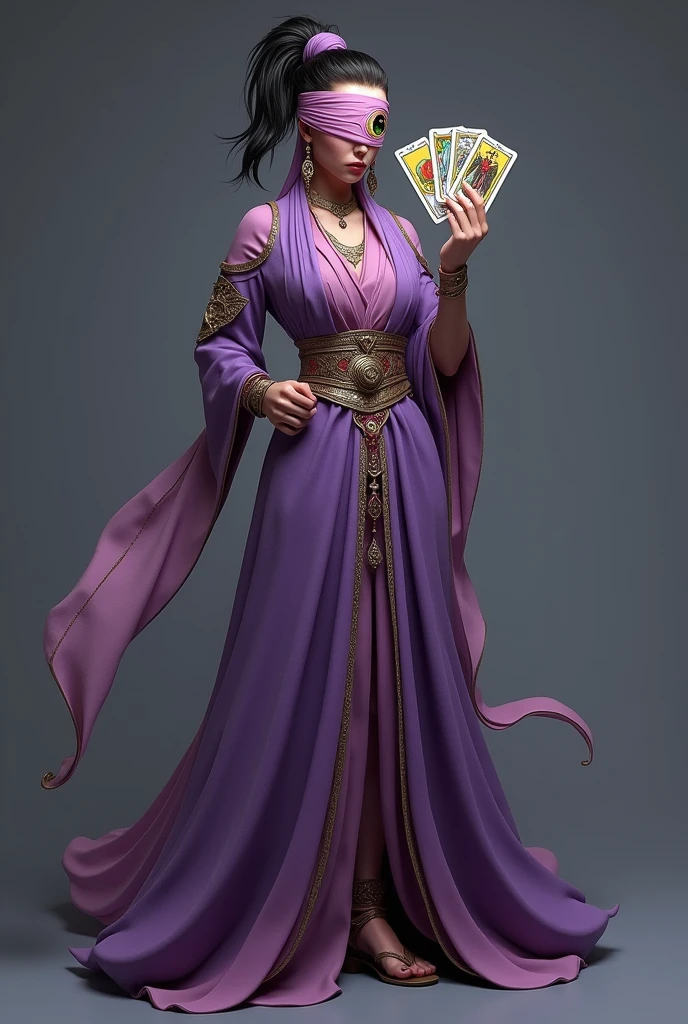 game character with realistic features: a woman in Arabic clothing in shades of purple and lilac with her hair in a ponytail, holding three tarot cards in one hand like a fan, the other hand is hidden behind the back, her face is completely covered by a pink bandage leaving only one eye visible, in the forehead region there is a large yellow eye with a green iris