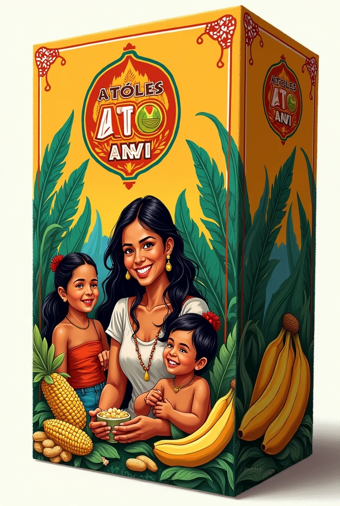 Generate an image of a box of atol with the Atoles Tia Ani logo with a drawing of a woman and children and bananas and peanuts