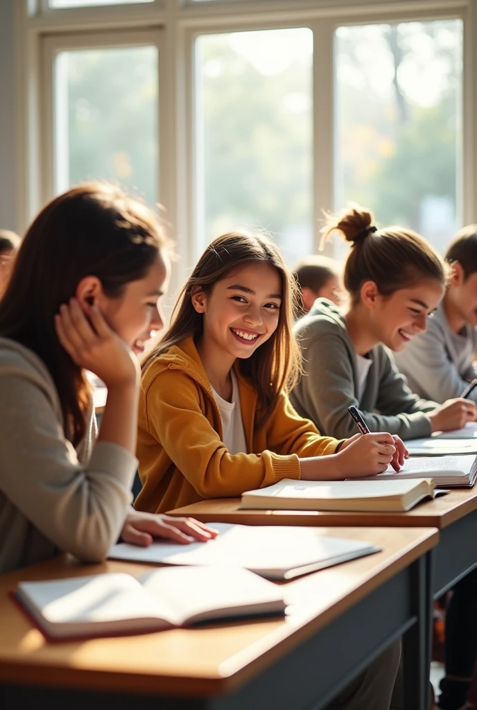 Teenagers sitting at their desks learning and happy at their school next to friends and teacher