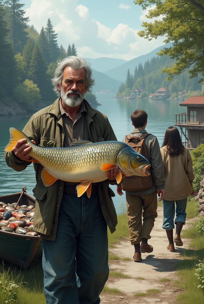 Fisherman with a big carp and a boat with lots of fish and a friend of mine and I arrive home I'll let you know when I can come to you