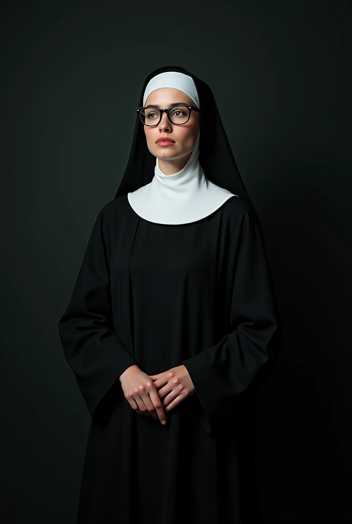 a woman 25 yeras old, wearing glasses and dressed as a nun, slightly worried face, black background, catalog photography. full body

