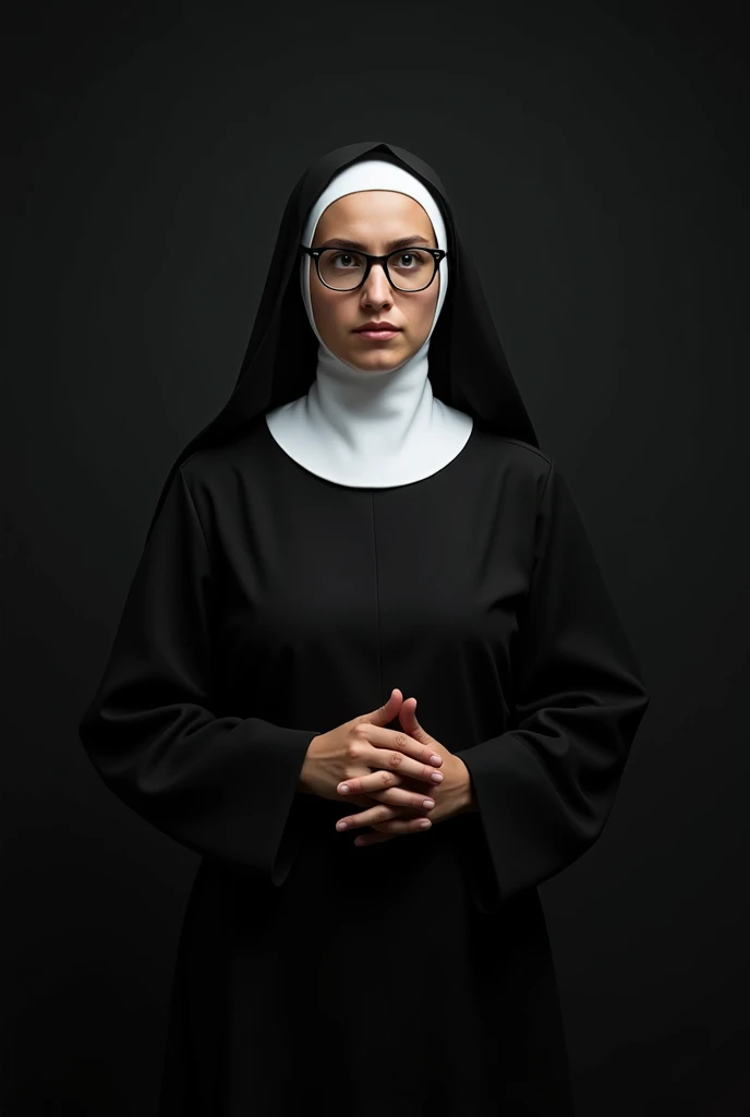 a woman 25 yeras old, wearing glasses and dressed as a nun, slightly worried face, black background, catalog photography. full body