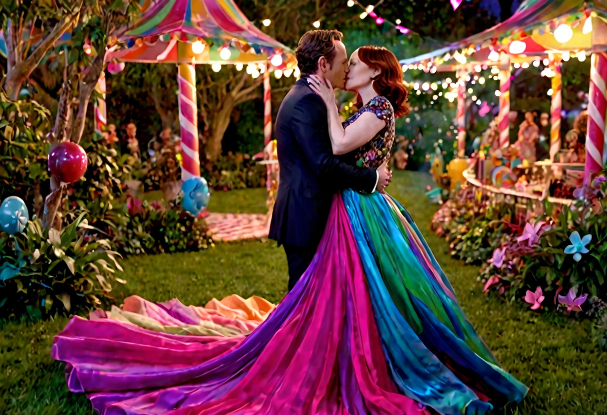 a detailed photo of Christina Rene Hendricks in a sheer colorful gown without underwear, is making out (kissing, hugging, touching, caressing, flirting) with Lucy Liu in a sheer colorful gown no underwear in a candy land garden in full bloom on a moonlit night, inviting viewer to join them, mainly viewed from low angle to the side, best quality,4k,8k,highres,masterpiece:1.2,ultra-detailed,realistic,photo-realistic:1.37,HDR,UHD,studio lighting,ultra-fine painting,sharp focus,physically-based rendering,extreme detail description,professional,vivid colors,bokeh,portrait
