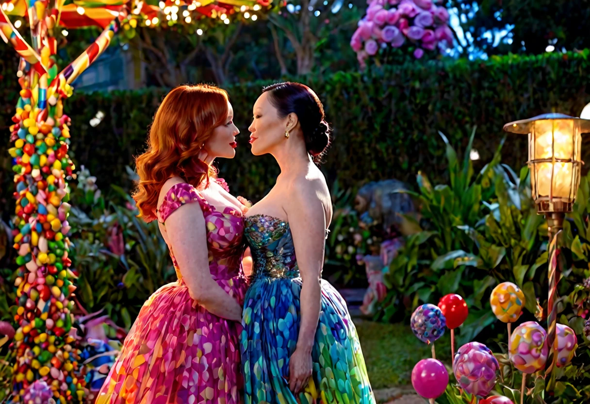 a detailed photo of Christina Rene Hendricks in a sheer colorful gown without underwear, is making out (kissing, hugging, touching, caressing, flirting) with Lucy Liu in a sheer colorful gown no underwear in a candy land garden in full bloom on a moonlit night, inviting viewer to join them, mainly viewed from low angle to the side, best quality,4k,8k,highres,masterpiece:1.2,ultra-detailed,realistic,photo-realistic:1.37,HDR,UHD,studio lighting,ultra-fine painting,sharp focus,physically-based rendering,extreme detail description,professional,vivid colors,bokeh,portrait
