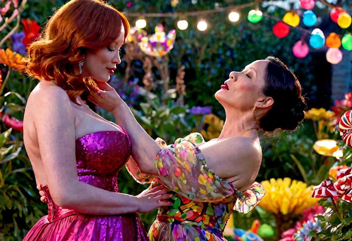 a detailed photo of Christina Rene Hendricks in a sheer colorful gown without underwear, is making out (kissing, hugging, touching, caressing, flirting) with Lucy Liu in a sheer colorful gown no underwear in a candy land garden in full bloom on a moonlit night, inviting viewer to join them, mainly viewed from low angle to the side, best quality,4k,8k,highres,masterpiece:1.2,ultra-detailed,realistic,photo-realistic:1.37,HDR,UHD,studio lighting,ultra-fine painting,sharp focus,physically-based rendering,extreme detail description,professional,vivid colors,bokeh,portrait
