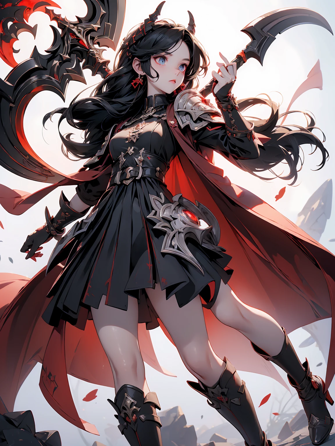 (((Best Quality))), (((Masterpiece))), ((Realistic)) ((full body shot)) slender cute pale demon girl, pointing ears, (red colored eyes), short stylish black hair, wearing demon armor (intricate details) holding a giant demon stylish scythe.