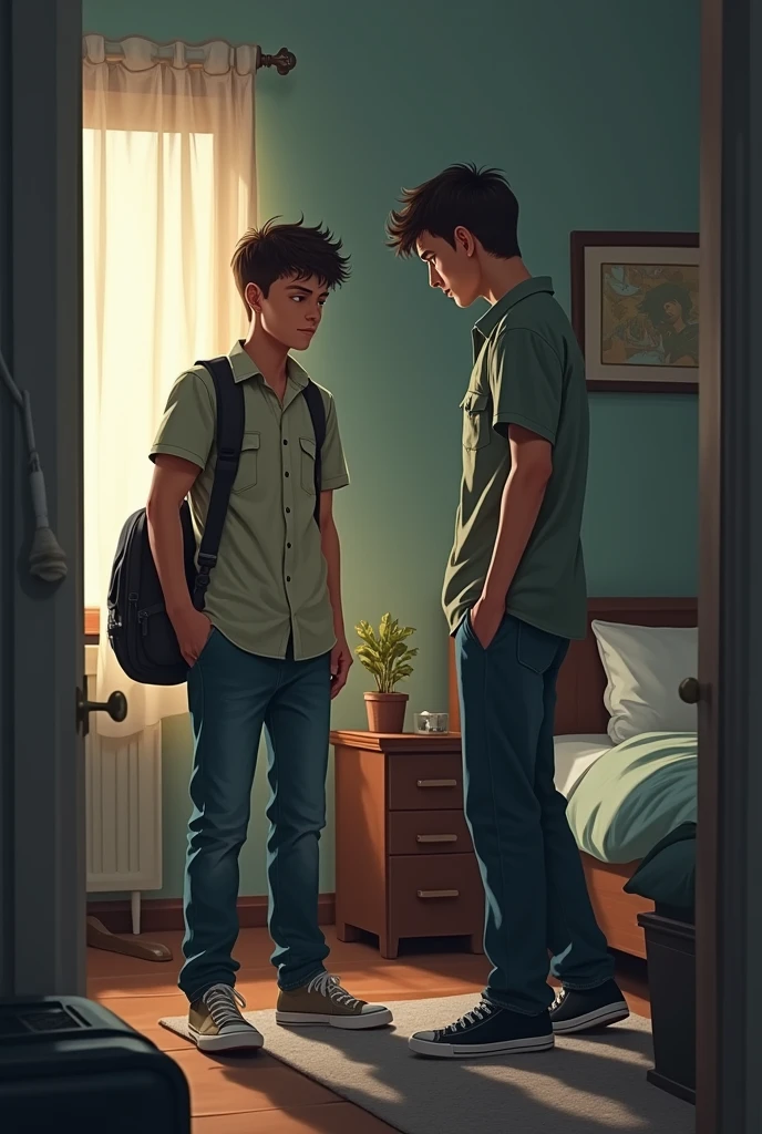 An image of one twin preparing for the outing with his friends, while the other twin looks on sadly, suggesting the impending separation.