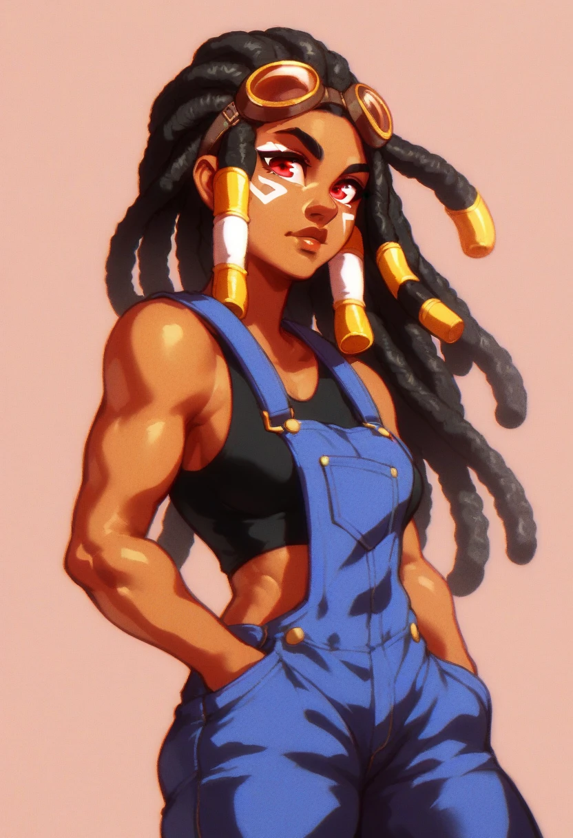 score_5_up,score_6_up,score_7_up,
1girl, solo, hand in pockets, wearing (blue overalls, black crop_top), facial mark, goggles_on_head, dark-skinned female, black hair, long hair, dreadlocks, red eyes, hair_tubes, simple background