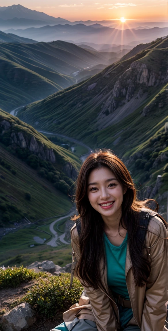 ray tracing, radio city, Anisotropic filtering, 16,000, best quality, 1 girl, alone, mature, beautiful climber, Hiking clothes, gradient long hair, mountaineering equipment、laugh、orange sunset、big bust、valley