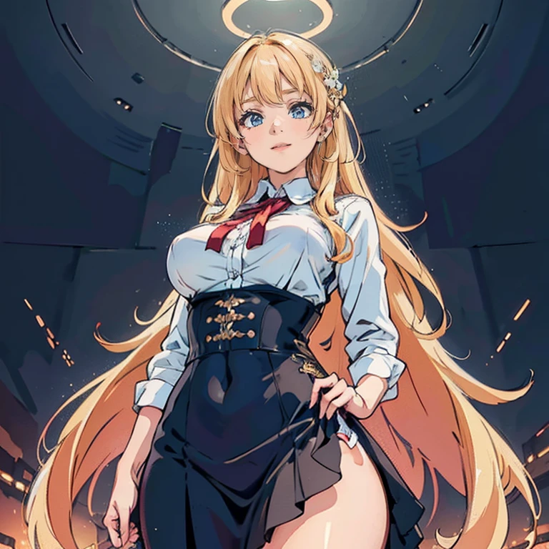 Anime Waifu beautiful detailed eyes, beautiful detailed lips, extremely detailed eyes and face, longeyelashes, 1girl, sensual, young woman, medium breasts, beautiful feminine face, nice thighs, slim, sexy, erotic, beautiful clothes, perfect body, cinematic lighting and framing, (best quality,4k,8k,highres,masterpiece:1.2),ultra-detailed,digital painting,portrait,glamorous,highly detailed,soft lighting,warm color tones Ilustrações de alta qualidade。 ((masterpiece)), ((best quality)), ((4K)), girl, pinch hemline of shirts, lift hemline of shirts, show glimpse of belly, smiling, POV from below 