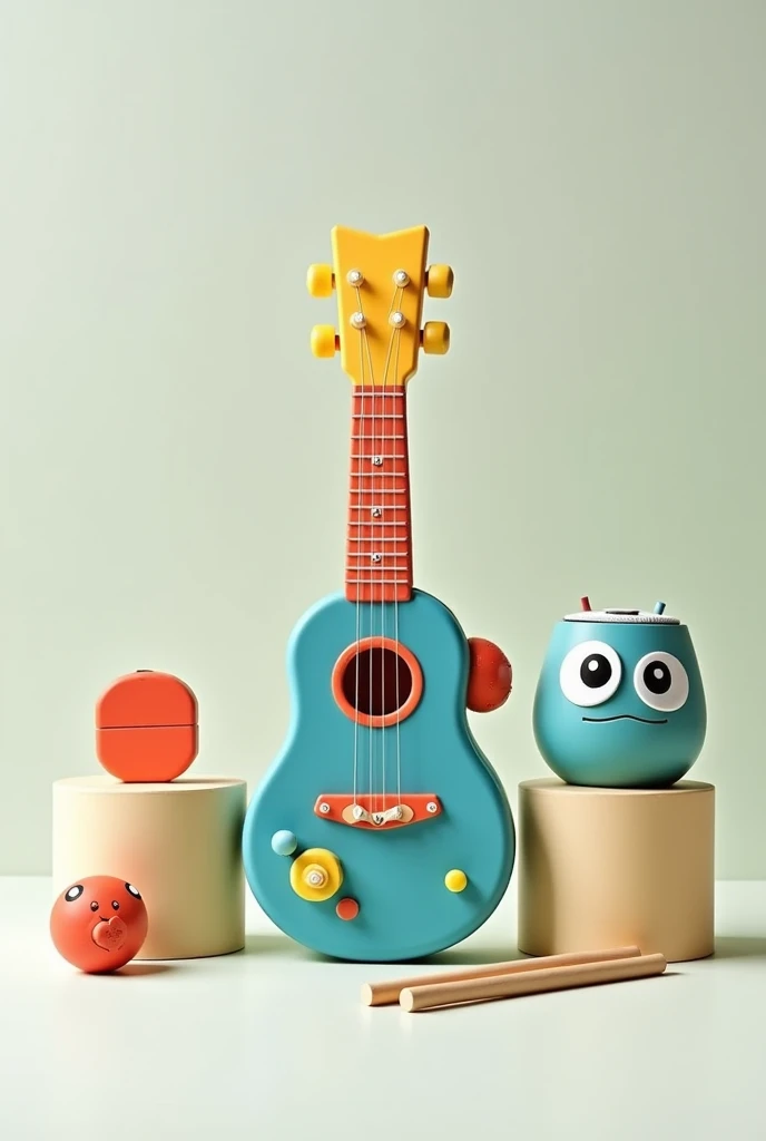 Create a detailed image of a modular musical toy designed for children. The toy should have a main body base, with a slightly curved rectangular shape, resembling a simplified guitar or ukulele. The dimensions of the body base should be approximately 30 cm in length, 20 cm in width, and 5 cm in thickness. This body base is made from recycled plastic and has multiple circular attachment points along its top and bottom edges, each about 2 cm in diameter.
Attached to the body are different sound modules:
String Module: A rectangular piece approximately 20 cm long and 4 cm wide, with 4 to 6 nylon strings. The strings are stretched across the module and can be tuned using small tuning pegs at the top. The module is attached to the top of the body base and features a slight hollow area at the back to naturally amplify the sound.
Percussion Module: A square piece, 10 cm by 10 cm, made from silicone or hard plastic. The surface is designed to be tapped with small drumsticks (approximately 12 cm long) that are also included. This module is attached to the bottom of the body base and emits a drum-like sound when tapped.
Key Module: A rectangular piece about 15 cm long and 5 cm wide, containing 5 to 8 brightly colored keys. The keys are slightly raised and each key is connected to a simple electronic circuit that produces different musical notes when pressed. This module is attached to the center of the body base.
Each module is brightly colored—blue for percussion, red for keys, and green for strings—to make it visually appealing and easy for children to identify. The toy's connectors are cylindrical, about 2 cm in diameter, and allow the modules to be easily snapped on or off the body base.
The toy also includes additional accessories like small drumsticks for the percussion module and a detachable mouthpiece for potential wind instrument modules. These accessories are neatly placed beside the toy in the image.
The overall aesthetic should be playful and modern, with