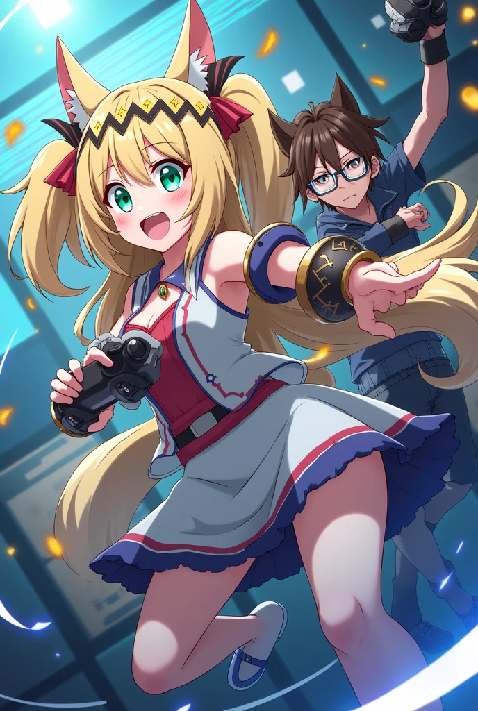 An anime gaming girl with cat ears, a crown, blonde hair and green eyes is fighting a gaming boy with brown eyes and brown hair and is wearing glasses and a controller
