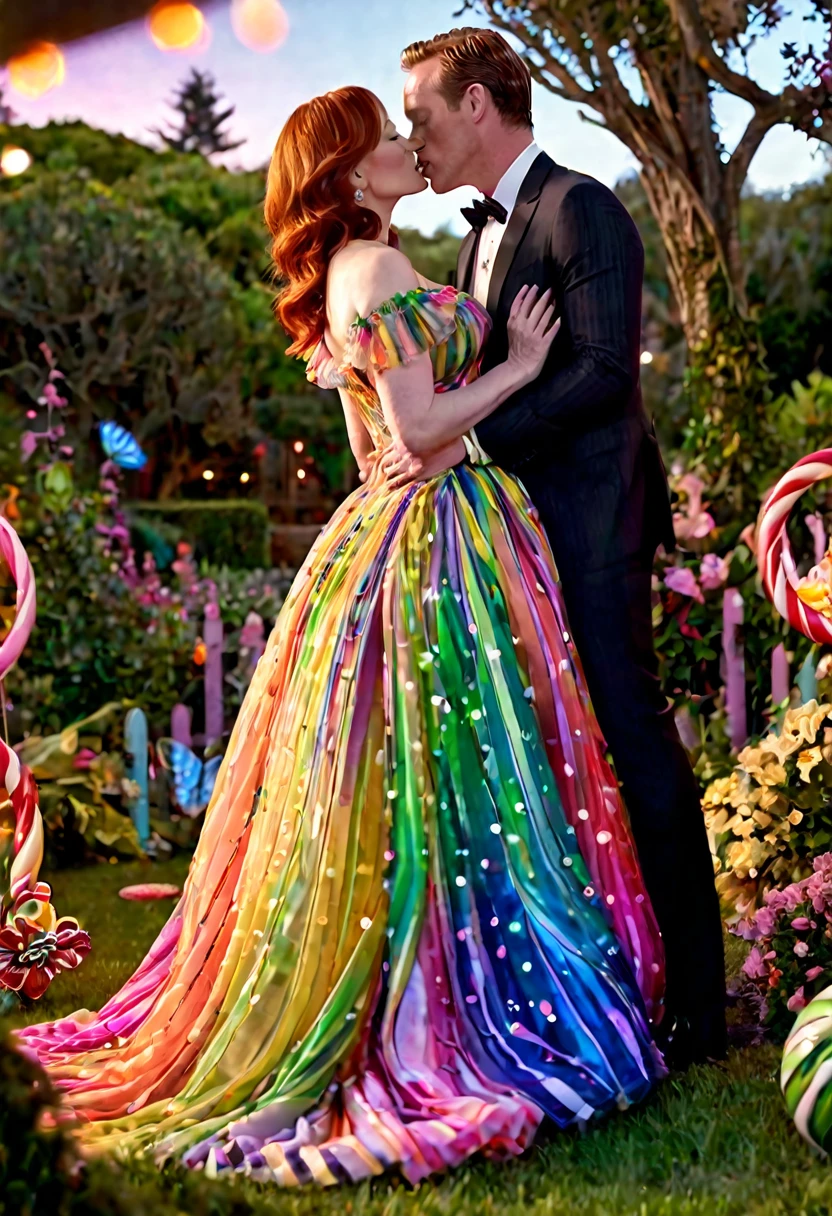 a detailed photo of Christina Rene Hendricks in a sheer colorful gown without underwear, is making out (kissing, hugging, touching, caressing, flirting) with Lucy Liu in a sheer colorful gown no underwear in a candy land garden in full bloom on a moonlit night, inviting viewer to join them, mainly viewed from low angle to the side, best quality,4k,8k,highres,masterpiece:1.2,ultra-detailed,realistic,photo-realistic:1.37,HDR,UHD,studio lighting,ultra-fine painting,sharp focus,physically-based rendering,extreme detail description,professional,vivid colors,bokeh,portrait
