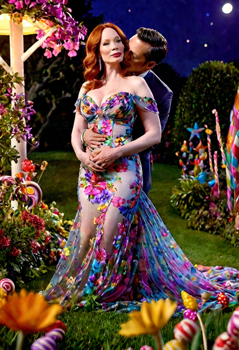 a detailed photo of Christina Rene Hendricks in a sheer colorful gown without underwear, is making out (kissing, hugging, touching, caressing, flirting) with Lucy Liu in a sheer colorful gown no underwear in a candy land garden in full bloom on a moonlit night, inviting viewer to join them, mainly viewed from low angle to the side, best quality,4k,8k,highres,masterpiece:1.2,ultra-detailed,realistic,photo-realistic:1.37,HDR,UHD,studio lighting,ultra-fine painting,sharp focus,physically-based rendering,extreme detail description,professional,vivid colors,bokeh,portrait