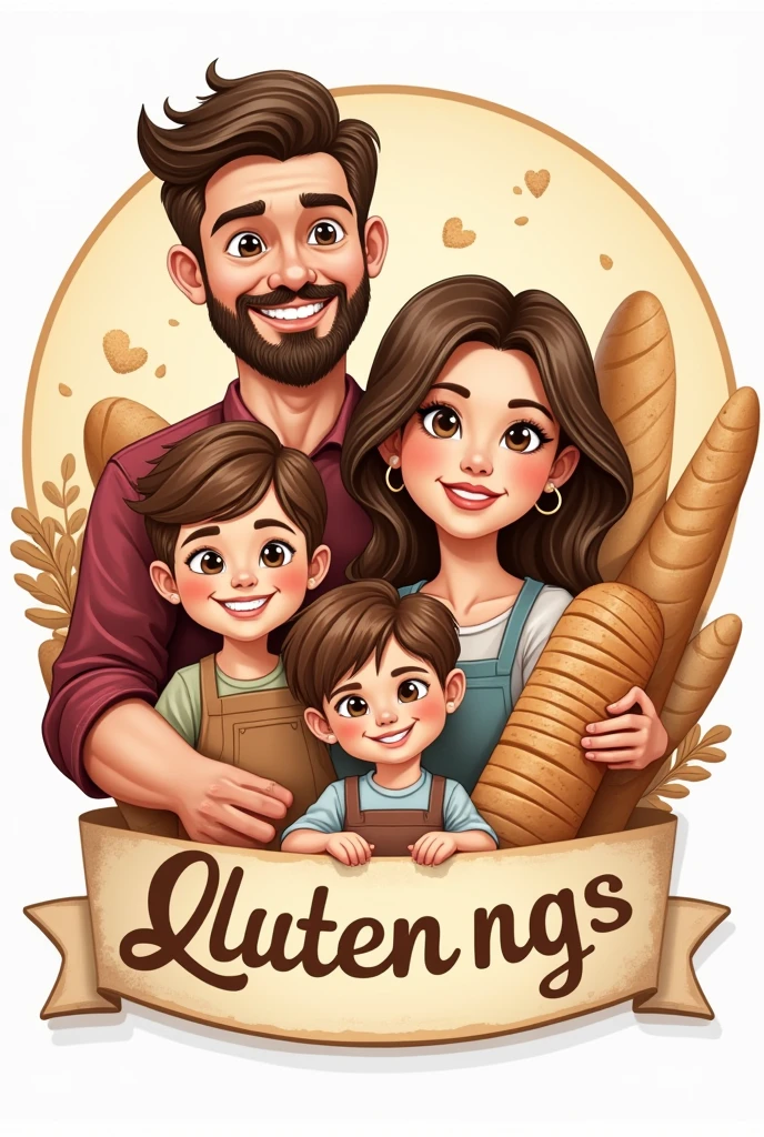 logo of a bread and cake factory, called Gluten Free Love, and in the center a family with a beardless father, Mother, an older son and a younger daughter