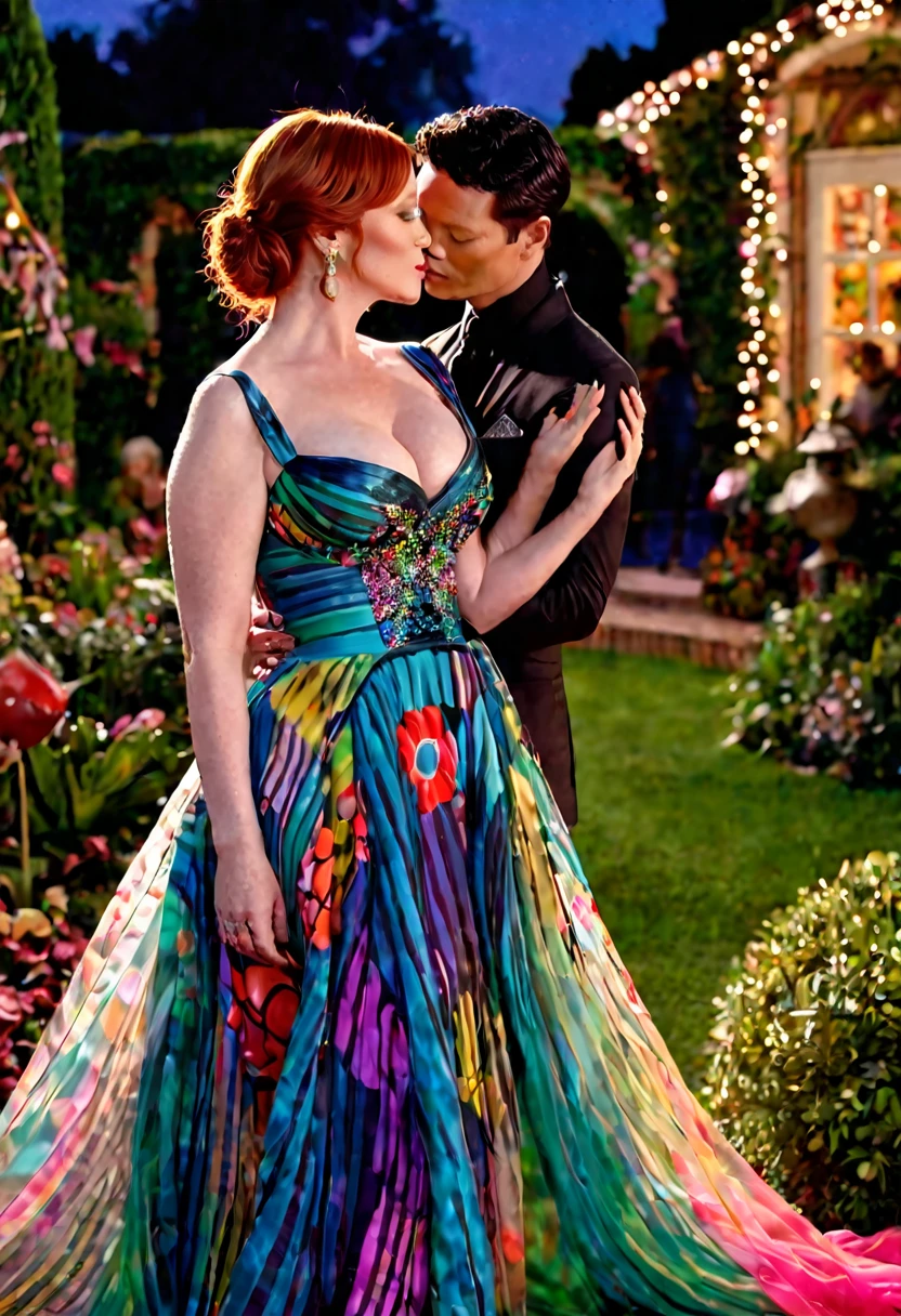 a detailed photo of Christina Rene Hendricks in a sheer colorful gown without underwear, is making out (kissing, hugging, touching, caressing, flirting) with Lucy Liu in a sheer colorful gown no underwear in a candy land garden in full bloom on a moonlit night, inviting viewer to join them, mainly viewed from low angle to the side, best quality,4k,8k,highres,masterpiece:1.2,ultra-detailed,realistic,photo-realistic:1.37,HDR,UHD,studio lighting,ultra-fine painting,sharp focus,physically-based rendering,extreme detail description,professional,vivid colors,bokeh,portrait