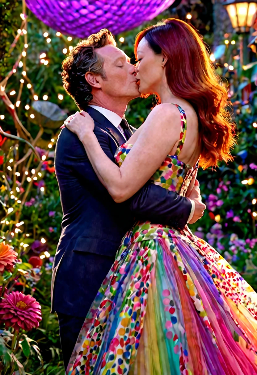 a detailed photo of Christina Rene Hendricks in a sheer colorful gown without underwear, is making out (kissing, hugging, touching, caressing, flirting) with Lucy Liu in a sheer colorful gown no underwear in a candy land garden in full bloom on a moonlit night, inviting viewer to join them, mainly viewed from low angle to the side, best quality,4k,8k,highres,masterpiece:1.2,ultra-detailed,realistic,photo-realistic:1.37,HDR,UHD,studio lighting,ultra-fine painting,sharp focus,physically-based rendering,extreme detail description,professional,vivid colors,bokeh,portrait
