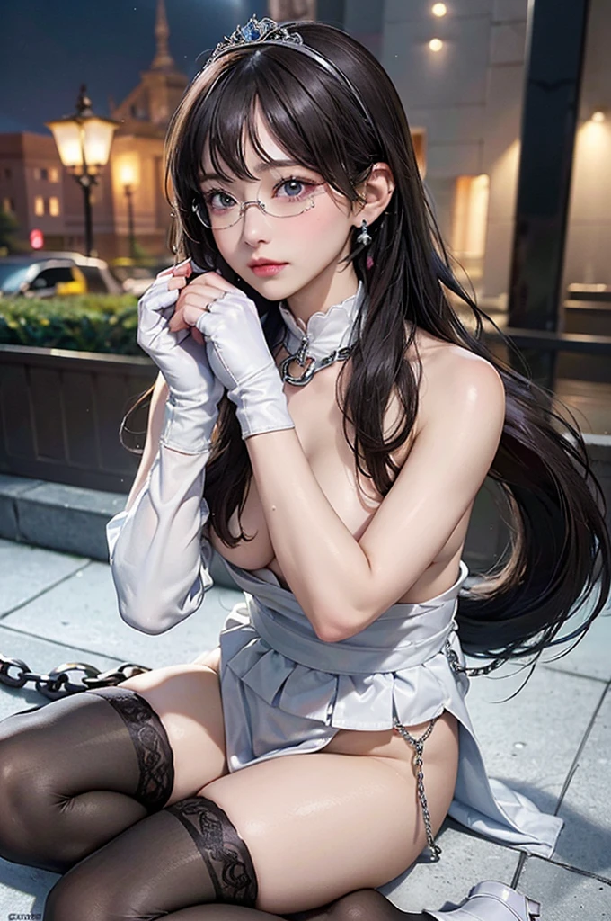 masterpiece, Beautiful art, Professional Artist, 8k, Highly detailed face, Detailed clothing, Detailed fabric, 1 person, Perfectly drawn body, Blowjob Pose, Beautiful Face, Dark brown short ponytail, blue eyes, Very fine grain, Pink Cheeks, Embarrassed look, Glasses, choker:1.6, (Long sleeve white buttoned collar shirt), Black gloves, Gloves to cover your hands, Earrings、(In his right hand he holds an antique chain from the 15th century), (Princess Corset、Princess Stockings、Princess loincloth:1.2), Sensual lips ,  evening de invierno, Show eye details, (View from the front, looking at the camera:1.2), Dark Road, Dark Forest, evening, atmosphere, fog、(topless:1.5)、(Semen is on it:1.5)、(show pussy、sex)、(Shooting angle from below:1.2)、(Sit with your legs spread and knees bent.、Wet skin、Ecstasy、Open your mouth)、(Fighting the chains:1.4)