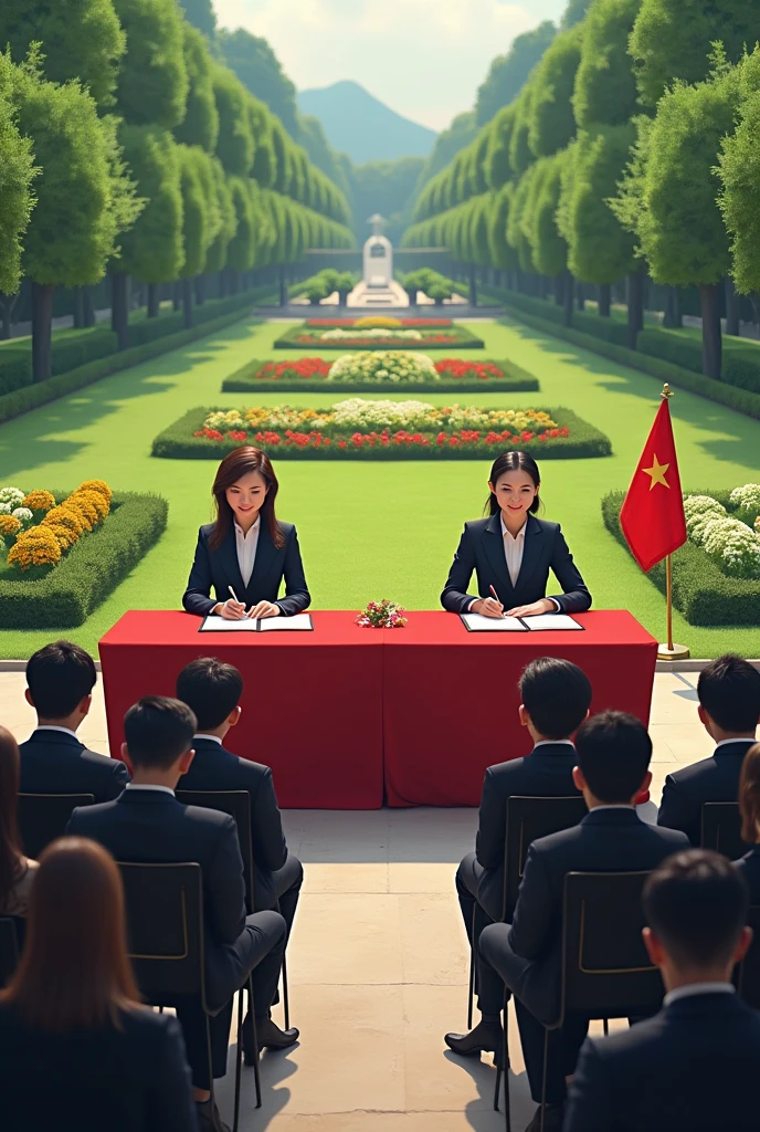 A 2 lady, signing Executive documents,the event takes place Infront of the company's headquarters on its compound.The compound is sorrounded with trees,grass and flowers making beautiful patterns.She faces her audience which has 27 members with all their faces clearly seen and visible with the background clear.On the table is a red flag written Apex Global Holdings.