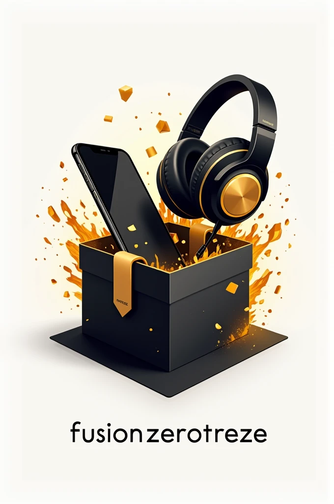 Logo for store with the name Fusion Zerotreze, a gift box with a cell phone and headphones in black and gold coming out of it 